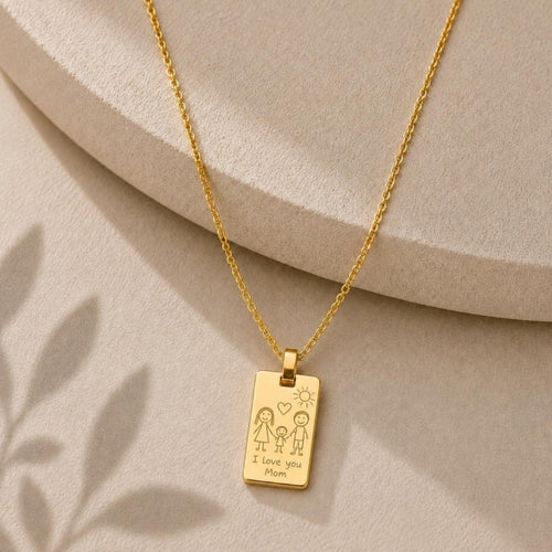 Gold Frame Pendant engraved with a child's drawing